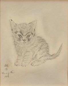 ●藤田嗣治●鉛筆デッサン　手描き《猫》表サイン　熊谷守一鑑定シール　F3号　額装　模写/検索ワード(東郷青児/熊谷守一)f707