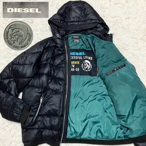 希少XLサイズ/DIESEL ディーゼル フーディー ダウンジャケット ロゴワッペン 裏地デザイン ブレイブマン ロゴ 黒 メンズ 中綿 ブルゾン 