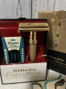 美品】激レア1960年代物『Gillette ジレット Executive』ヴィンテージ 両刃カミソリ T字 剃刀 ゴールド アメリカ製 USA製 箱付き