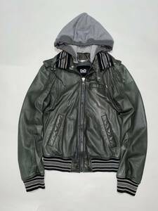 美品 30万円 ドルチェ&ガッバーナ/D&G LAMBSKIN/子羊革 アッシュグレー 着脱式フード ジップアップ ライダースジャケット