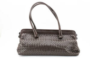 1円〜　美品　BOTTEGA VENETA ボッテガヴィネタ　イントレチャート　がま口　ハンド　バッグ レザー　ブラウン　131670