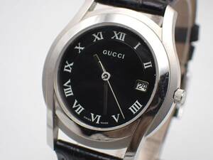 １円～☆GUCCI グッチ QZ メンズ腕時計 5500M QZ 黒文字盤 デイト 純正ベルト 純正尾錠/N02977