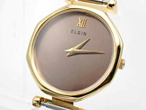 稼働品☆ELGIN エルジン レディース腕時計 QZ フェイスのみ ブラウン文字盤/E0356-1500