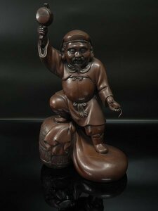 【結・歳末特別出品】時代物　経年保管品◆特大袋上小槌大黒銅置物③　茶色　在銘有り　鋳銅製　重量7.6ｋｇ◆高岡銅器