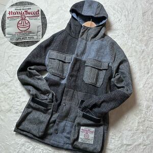 【希少デザイン/美品】HARRIS TWEED ハリスツイード パッチワーク ウール ジャケット フード パーカー イギリス製 M