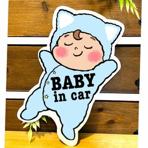 ベビーインカー 【モコモコねこ耳ブルー】 マグネット シール 吸盤