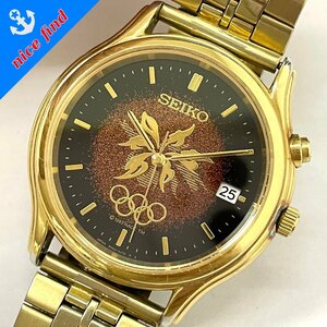 ◆セイコー SEIKO◆1998年 長野オリンピック記念 漆モデル 5M42-0F60 キネティック 腕時計 メンズ ウォッチ ブラウン文字盤 不動品 デイト
