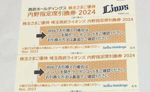 【匿名配送無料】 西武ライオンズ 株主優待券 内野指定席引換券 2枚【2024】