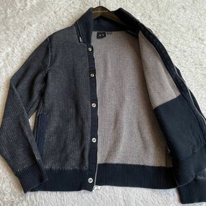 【ARMANI EXCHANGE/アルマーニ】高級感◎肉厚コットンニットブルゾン(L)収納フード ジップアップ ネイビー メンズ 大きいサイズ XL相当