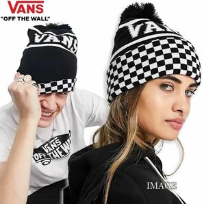 セール 新品本物アメリカ購入 VANS バンズ チェッカー ボンボンニット帽子 2通りで着用OK 男女兼用 推奨頭囲55-60cm