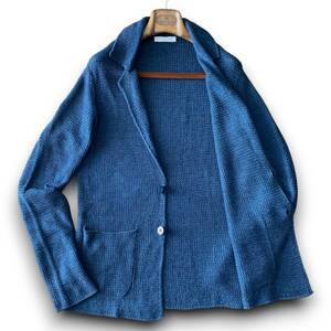C04 美品 定価25万 Lぐらい 46 大きめ 『クルチアーニ cruciani』細かい編み込み 高級シルク使い ニット テーラード ジャケット ブルー 青