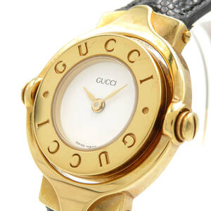 1円　GUCCI　グッチ　バングルウォッチ　GQ6600　レディース腕時計　ターンＧ 白文字盤　リバーシブル　革ベルト 黒　クオーツ 稼働品 中古