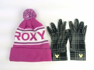 ◆ROXY/ロキシー 他◆レディース ニット帽+グローブ（スマホ対応） 計2点◆ピンク/白/グレー◆ロゴ入り◆ボンボン飾り◆ミッキーマウス◆