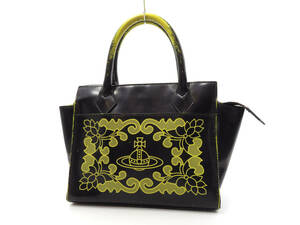 13932 美品 Vivienne Westwood ヴィヴィアンウエストウッド オーブロゴ プリント ペイント 本革 レザー ハンドバッグ 鞄 黒×黄 レディース