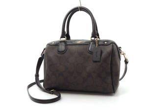 14532 美品 COACH コーチ MINI BENNETT ミニベネット シグネチャー柄 PVC×レザー 2WAY ミニボストンバッグ ハンドバッグ 肩掛け 鞄 茶×黒