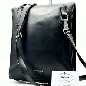 1円●極美品●PRADA プラダ ショルダーバッグ メッセンジャー サコッシュ 鞄 かばん 三角ロゴ 本革 レザー 斜め掛け可 メンズ 黒 ブラック