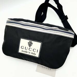 1円●高級●GUCCI グッチ ボディバッグ ウエストポーチ ショルダーバッグ ラバーロゴ デカロゴ ナイロン 斜め掛け可 メンズ 黒 ブラック