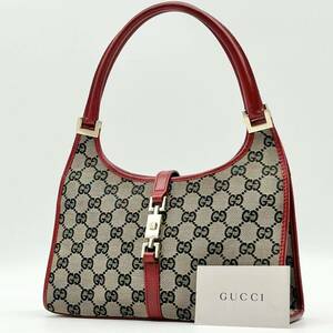 1円●高級●GUCCI グッチ ミニ ジャッキー ハンドバッグ 鞄 かばん GG柄 本革 レザー キャンバス ロック金具 レディース 赤 レッド