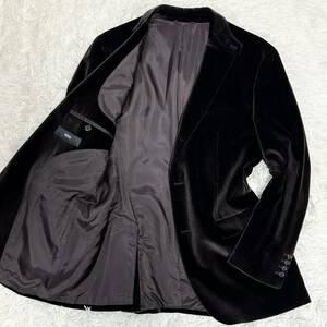 ●極美品● HUGO BOSS ヒューゴボス ベロア テーラード ジャケット ブレザー 上着 アウター ストライプ 光沢感 シングル メンズ 黒 52 XL