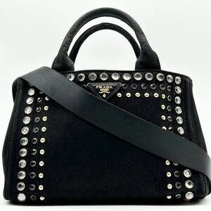 1円●美品●PRADA プラダ 2way カナパM ハンドバッグ トート ショルダー 三角ロゴ ビジュー スタッズ デニム レディース 斜め掛け可 黒