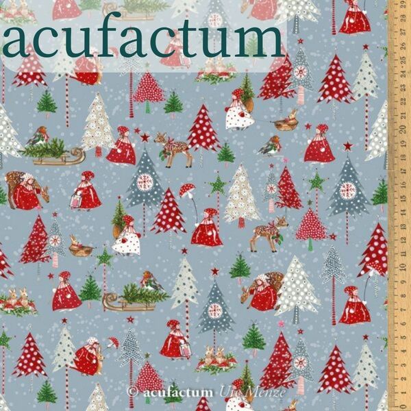 ドイツ輸入生地　acufactum　冬の子供たち／ アクファクトゥム グレー レンガ色 もみの木 秋冬 赤 緑 クリスマス