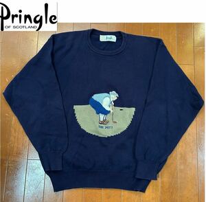 ★Pringle of Scotland プリングル・オブ・スコットランド★コットン100％胸ロゴ刺繍！ネイビーブルーカラーメンズU首長袖セーター/LL