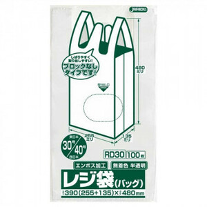 ジャパックス レジ袋ノンブロックベロ付き 関東30号/関西40号 半透明 100枚×10冊×3箱 RD30 /a