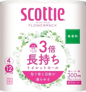 まとめ得 スコッティ フラワーパック3倍長持ち4ロール（ダブル）〈無香〉　トイレットペーパー x [3個] /h