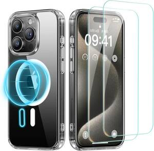 NIMASO ガラスフイルム（2枚）+ケース iPhone15 Pro用 クリア 保護ケース Magsafe対応 黄変防止 マグネット搭載 （氷星シリーズ）