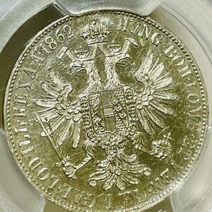 【美品 1862 オーストリア フローリン銀貨】 PCGS UNC Details フランツ・ヨーゼフ一世 双頭の鷲 ハスプブルグ家 最後の皇帝 アンティークの画像3