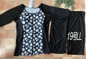 新品◆袖付き・フィットネス水着・19号LL・花柄・ネイビー紺白×黒