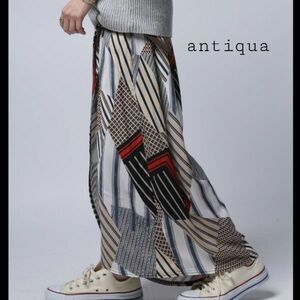 antiqua アンティカ 完売 切り替え 総柄 ラップ風 スカート M LL 巻きスカート 変型 ロング パッチワーク柄 ドレープ 大人 ウエストゴム