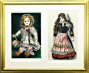 小松崎邦雄　　アンティークドールのリトグラフを2作品額装した大型サイズの絵画　一水会　物故画家　真作