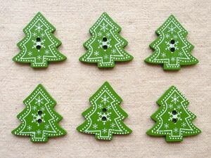 6個セット ツリー ウッドボタン 緑 ★ クリスマス 北欧