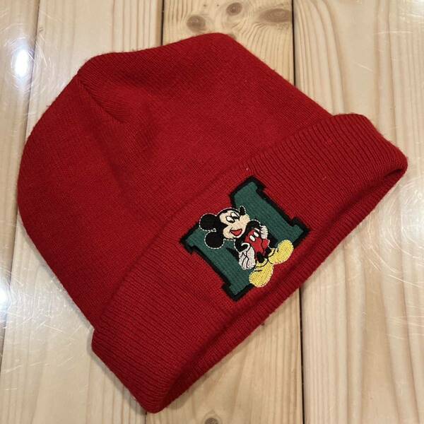 90s 90年代　Disney ディズニー　kids キッズ　子供用　ニット帽　ニットキャップ　ヴィンテージ　ビンテージ　レトロ　刺繍 size:FREE 赤