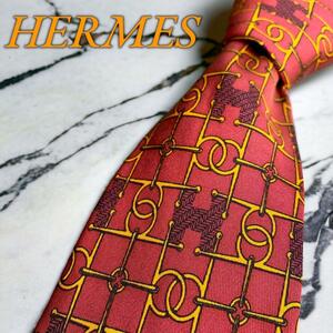 [ редкость ]HERMES Hermes высококлассный бренд красный red красный Hermes orange галстук шелк 100%fasoneH общий рисунок .. Logo 