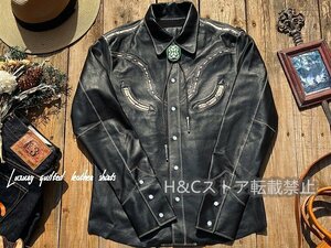 アメリカン 豪華 シープスキン レザー ウエスタン シャツ 黒 サイズM～4XL メンズ 本革 パイソン ロカビリー ヘビ柄