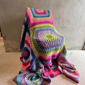 [USA vintage]gla knee blanket Rainbow square hand-knitted America Vintage 