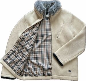 美品◆BURBERRY BLACK LABEL バーバリーブラックレーベル　ファー付き　ローゲージ　ニットジャケット　ノバチェック裏地　ジップアップ