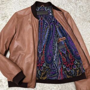 エトロ【至高の逸品】ETRO レザージャケット ブルゾン ブラウン系 ペイズリー裏地 羊革 ラムレザー 中綿 リブ袖 最高級◎ シルク100％ M