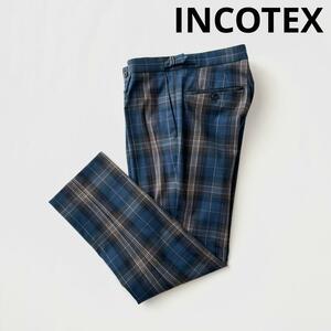 INCOTEX インコテックス タータンチェック コットン パンツ 46 ブルー系 スリムフィット サイドアジャスター テーパード スラックス 正規