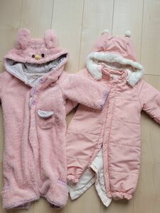 ロンパース　カバーオール　 防寒 女の子 ベビー服 フード　2枚セット