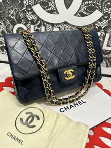 ◆◇ 超美品 シャネル CHANEL マトラッセ ヴィンテージ ダブルフラップ 25 シール あり ネイビー × ゴールド 508 ◇◆