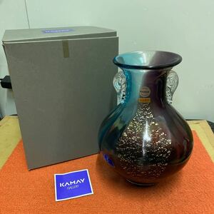 未使用 KAMEI カメイガラス 本金使用 フラワーベース 花瓶 花器 27cm 青 紫 硝子工芸