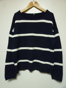 ☆ UNIQLO ユニクロ WOMEN ボートネック コットンニットプルオーバー SIZE:S NVY/WHT ☆