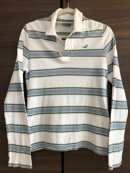 送料無料 XS Hollister long sleeve polo Shirt ホリスター 長袖 ポロシャツ 20年前 白 灰 ホワイト グレー ボーダー 美品