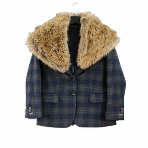 GANTRUGGER ガントラガー Luxe Blazer 襟 ファー チェック ジャケット 36 グレー ネイビー