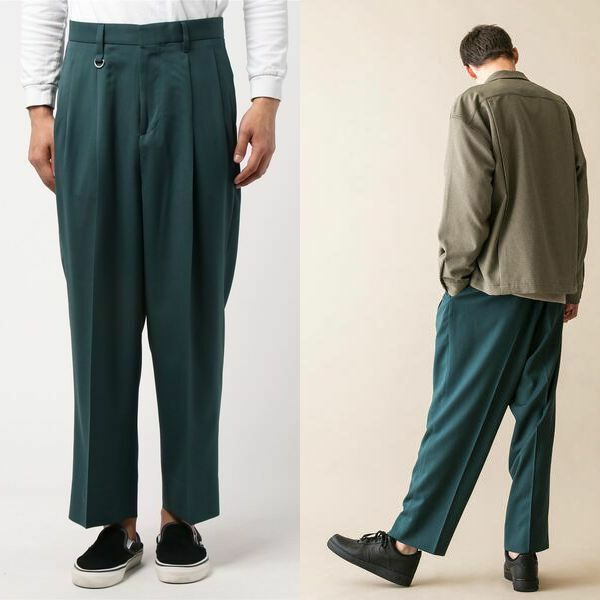 MONKEY TIME TW TWILL WIDE 2P PANTS ツープリーツ ワイドパンツ ツイル ポリエステル 緑 グリーン 定価15,984円 サイズS