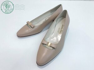 12281484　▲ Salvatore Ferragamo サルヴァトーレ フェラガモ パンプス シューズ ヒール ゴールド金具 レザー 革 ベージュ系 リボン 中古