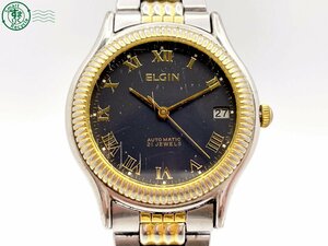 12333049　＃ ELGIN エルジン FK-348 自動巻き 21石 3針 デイト 腕時計 黒文字盤 ブラック ゴールド 純正ベルト ヴィンテージ 中古